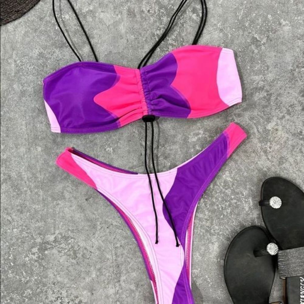 Colorblock Drawstring High Cut Bikini Swimsuit-‎ NWOT - Picture 4 of 6